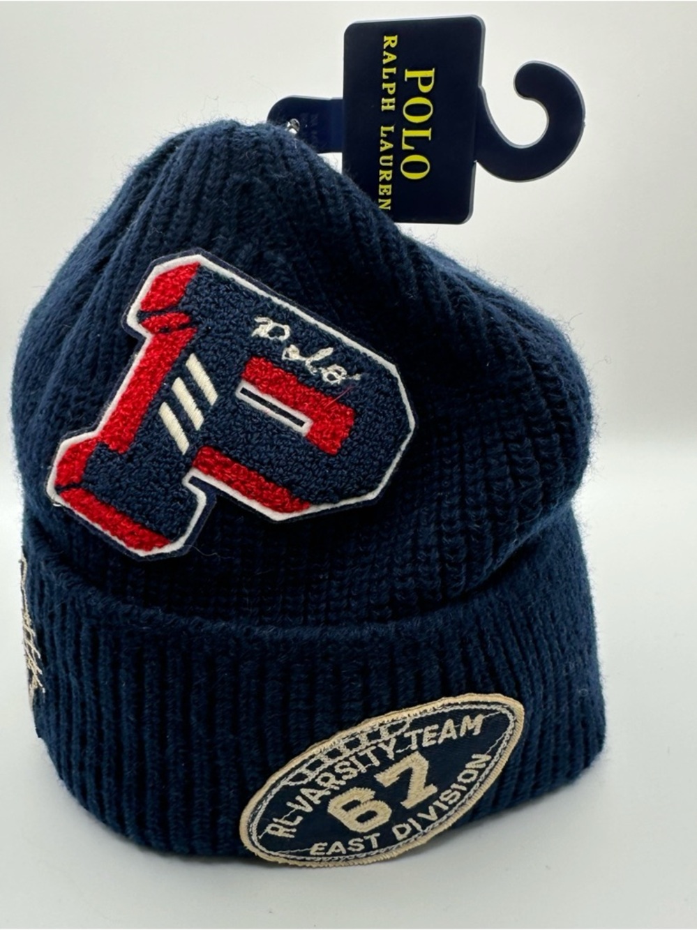 Polo Ralph Lauren Navy Blue Tiger Big P Football Patch Knit Beanie Hat NWT Wool - Picture 3 of 5